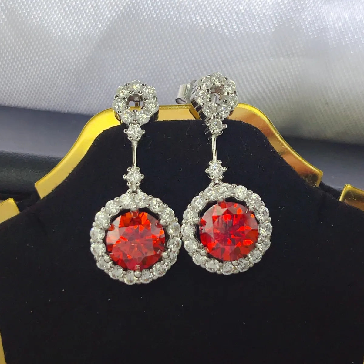 Southern Shores 4 Carat Ruby Red Crystal Drop Earrings with Rhinestone Halo