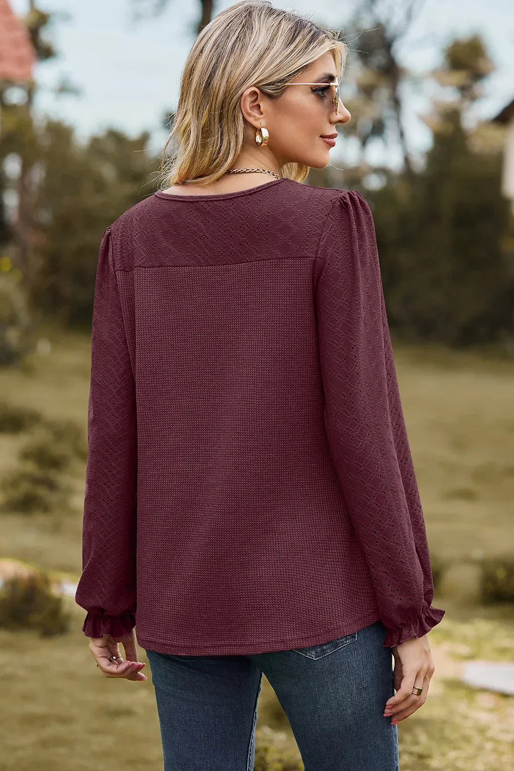 Eyelet Round Neck Flounce Sleeve T-Shirt - Southern Shores Clothing