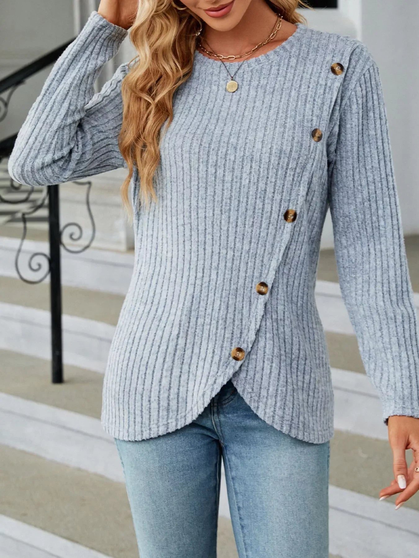 Ribbed Knit Decor Button T-Shirt - Southern Shores Clothing