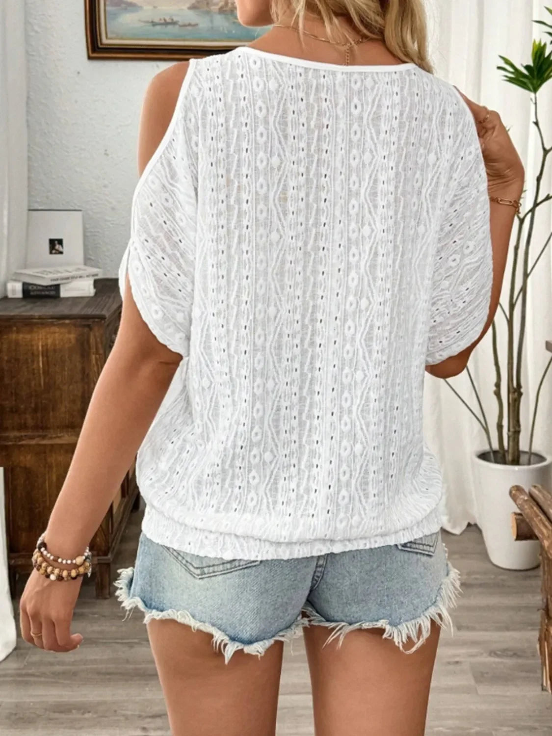 Eyelet Cold Shoulder Blouse With Round Neck - Southern Shores Clothing