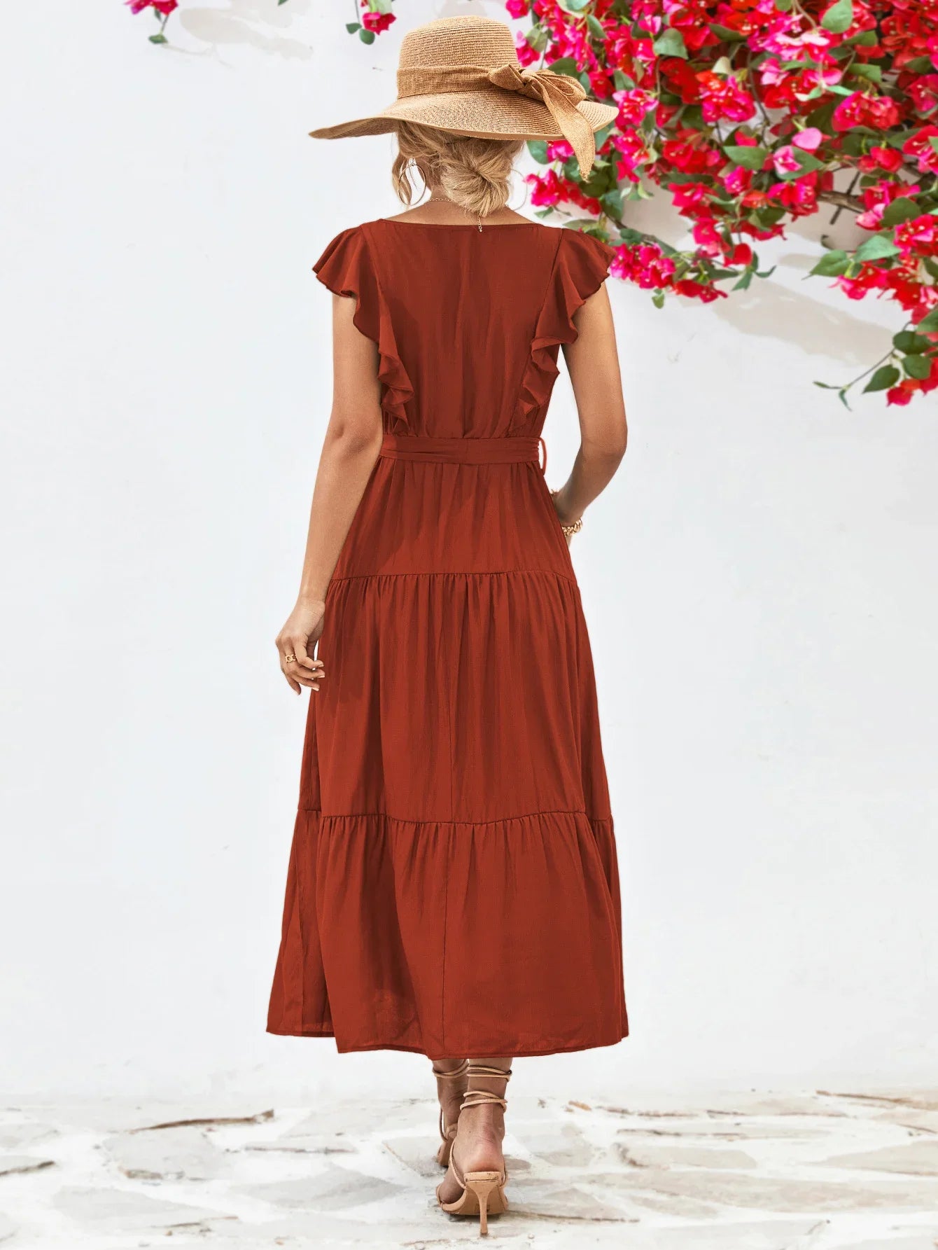 Tie Belt Ruffled Tiered Dress - Southern Shores Clothing