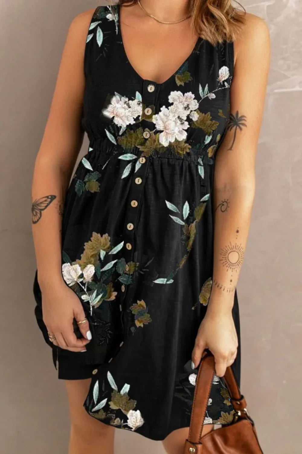 Double Take Printed Scoop Neck Sleeveless Buttoned Magic Dress with Pockets - Southern Shores Clothing