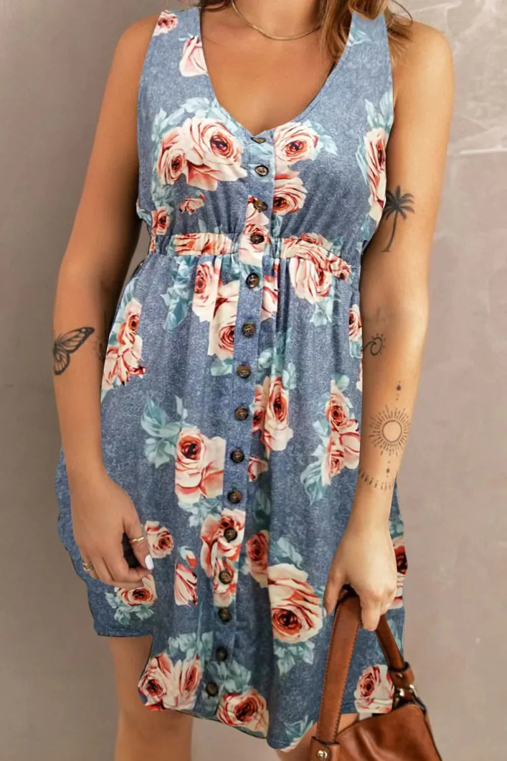 Double Take Printed Scoop Neck Sleeveless Buttoned Magic Dress with Pockets - Southern Shores Clothing