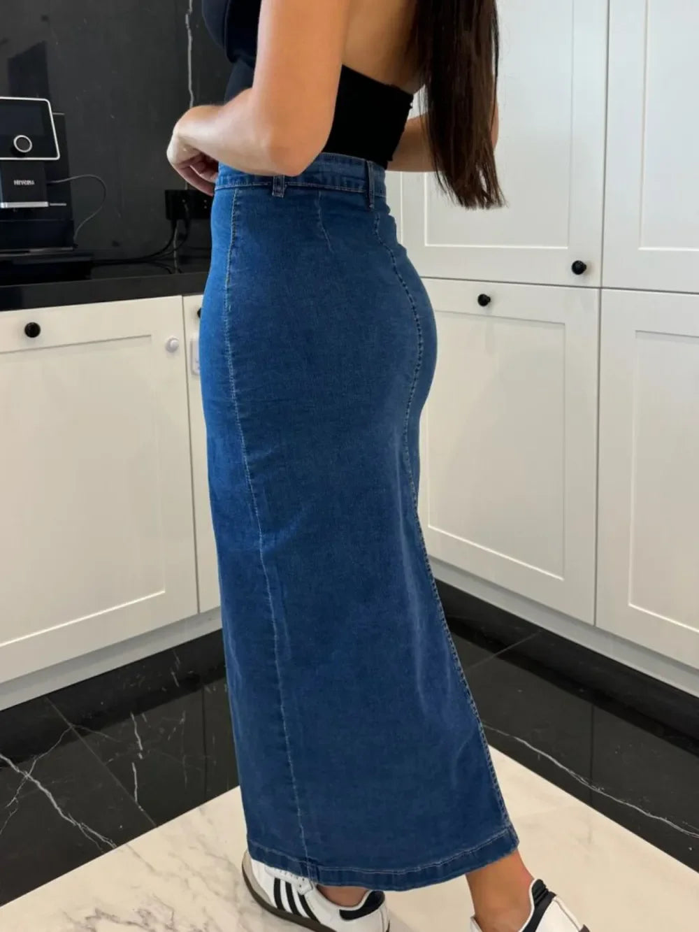 Midi Denim Skirt With Front Button Slit Style - Southern Shores Clothing