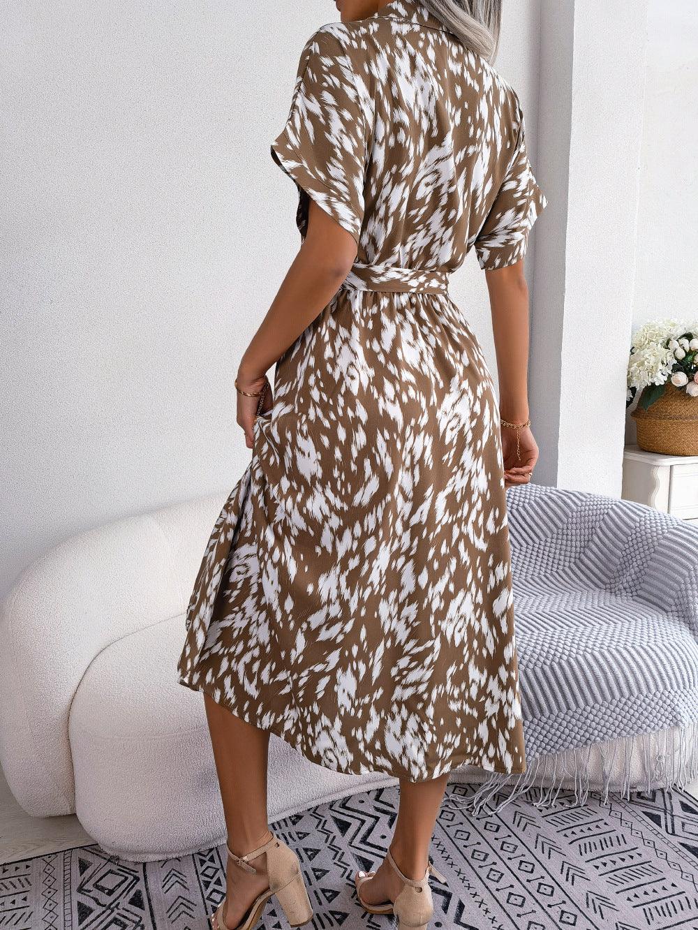 Printed Collared Neck Short Sleeve Tie Waist Dress - Southern Shores Clothing