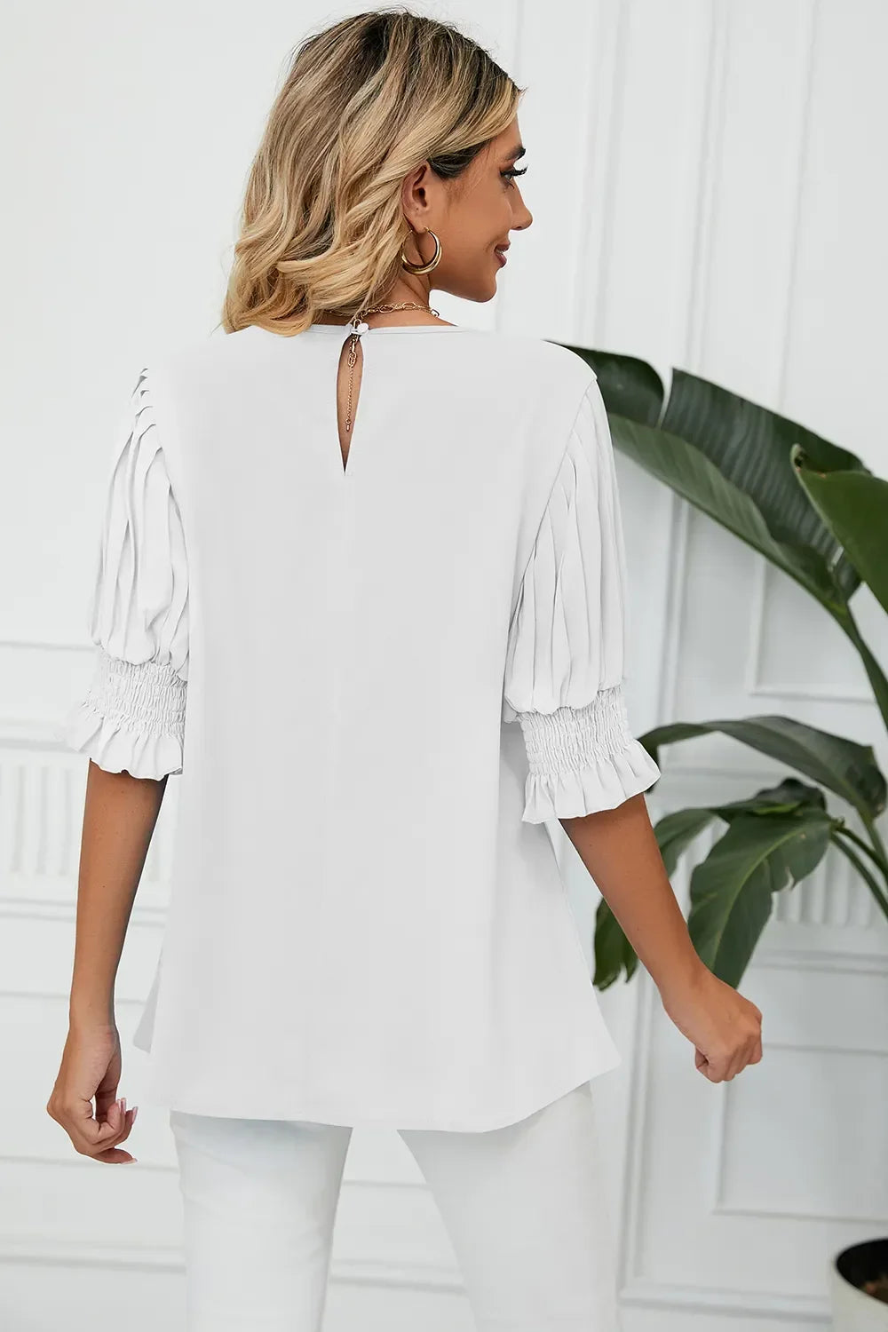 Frill Round Neck Lantern Sleeve T Shirt - Southern Shores Clothing