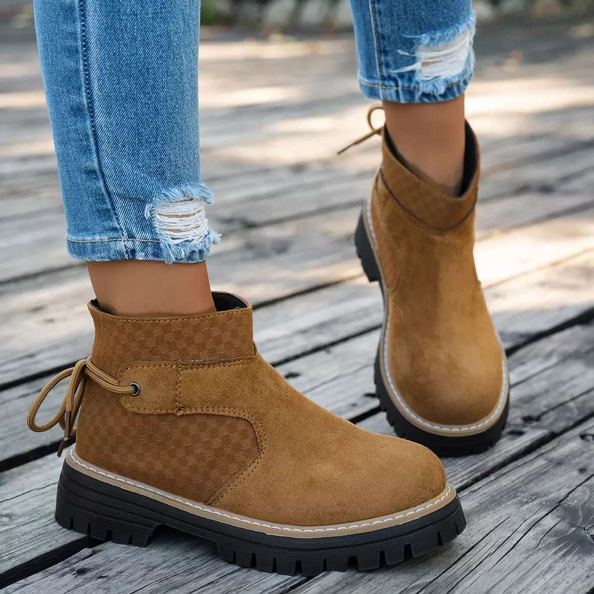 Round Toe Platform Boots Suede Rubber Mid Heel - Southern Shores Clothing
