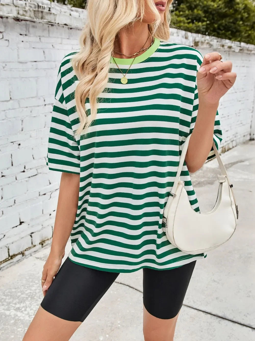 Striped Round Neck Half Sleeve Stretchy T Shirt - Southern Shores Clothing
