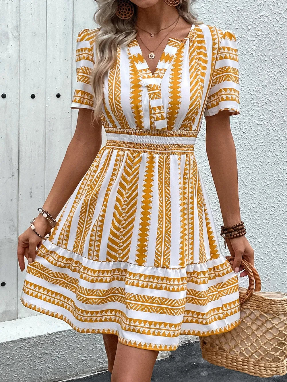 Geometric Print Notched Short Sleeve Mini Dress Casual Wearable - Southern Shores Clothing