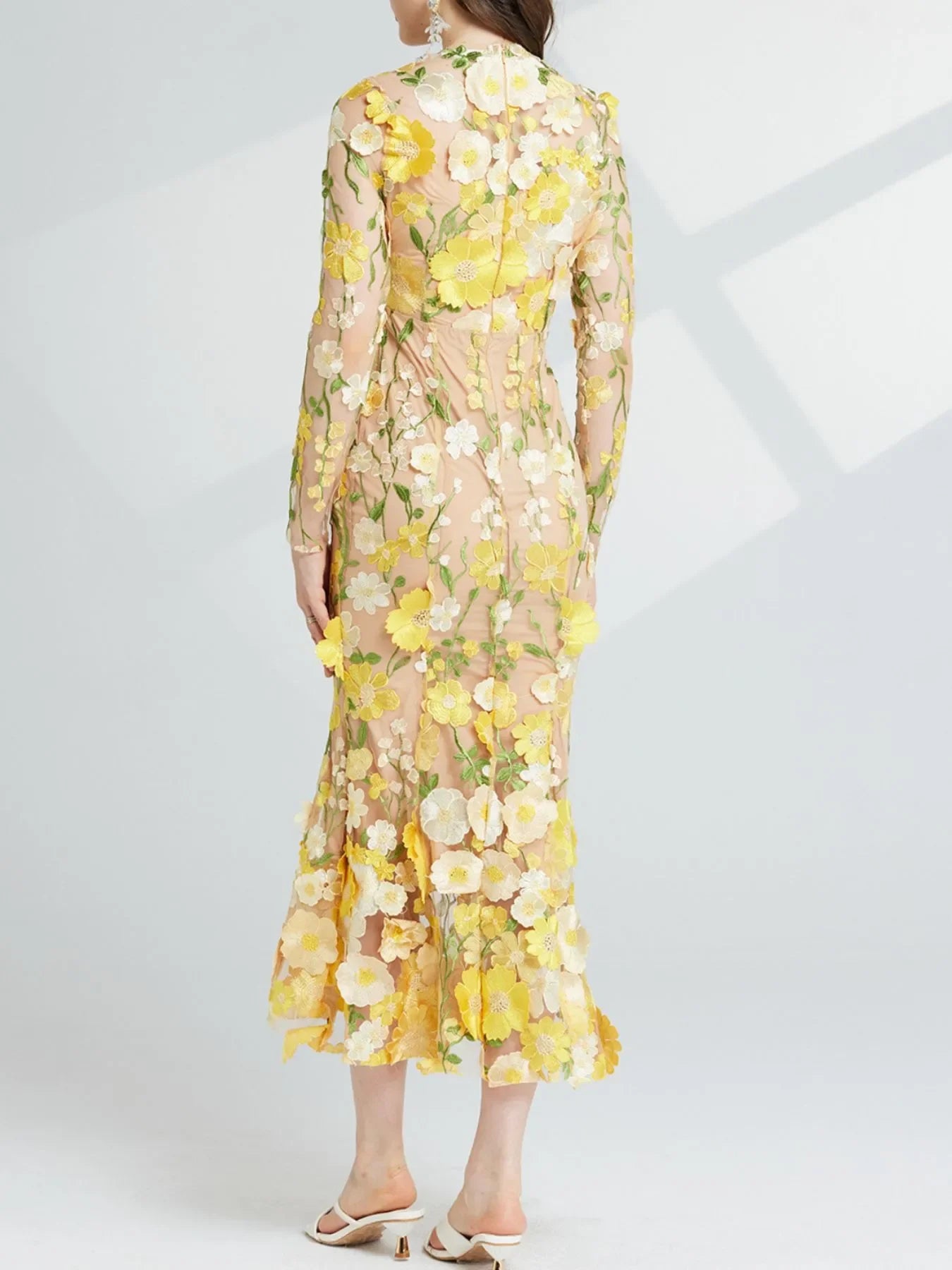 Floral Embroidered Magnolia Mesh Long Sleeve Midi Dress - Southern Shores Clothing