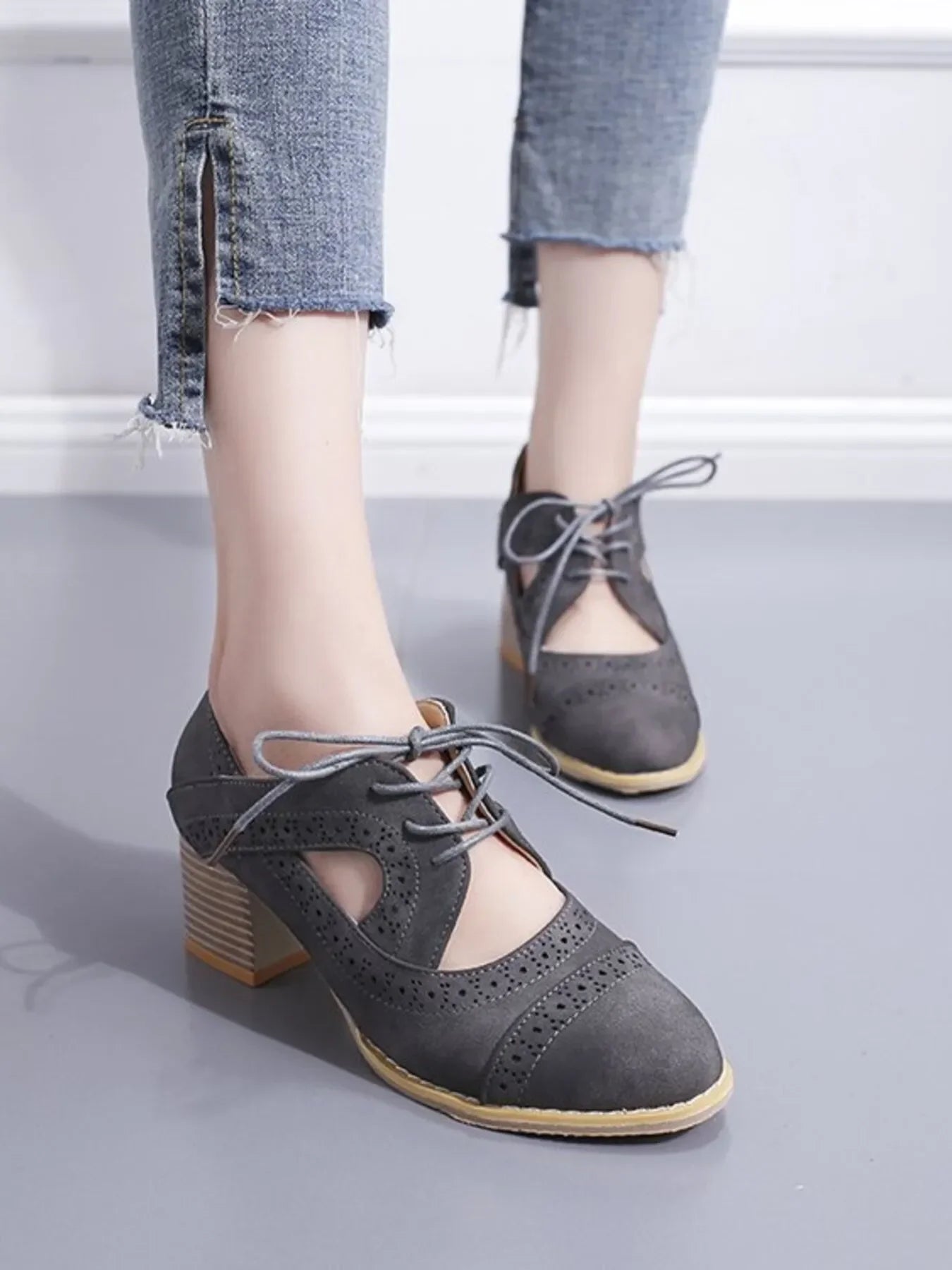 Lace-Up Block Heel Pumps Low Heel Dressy - Southern Shores Clothing