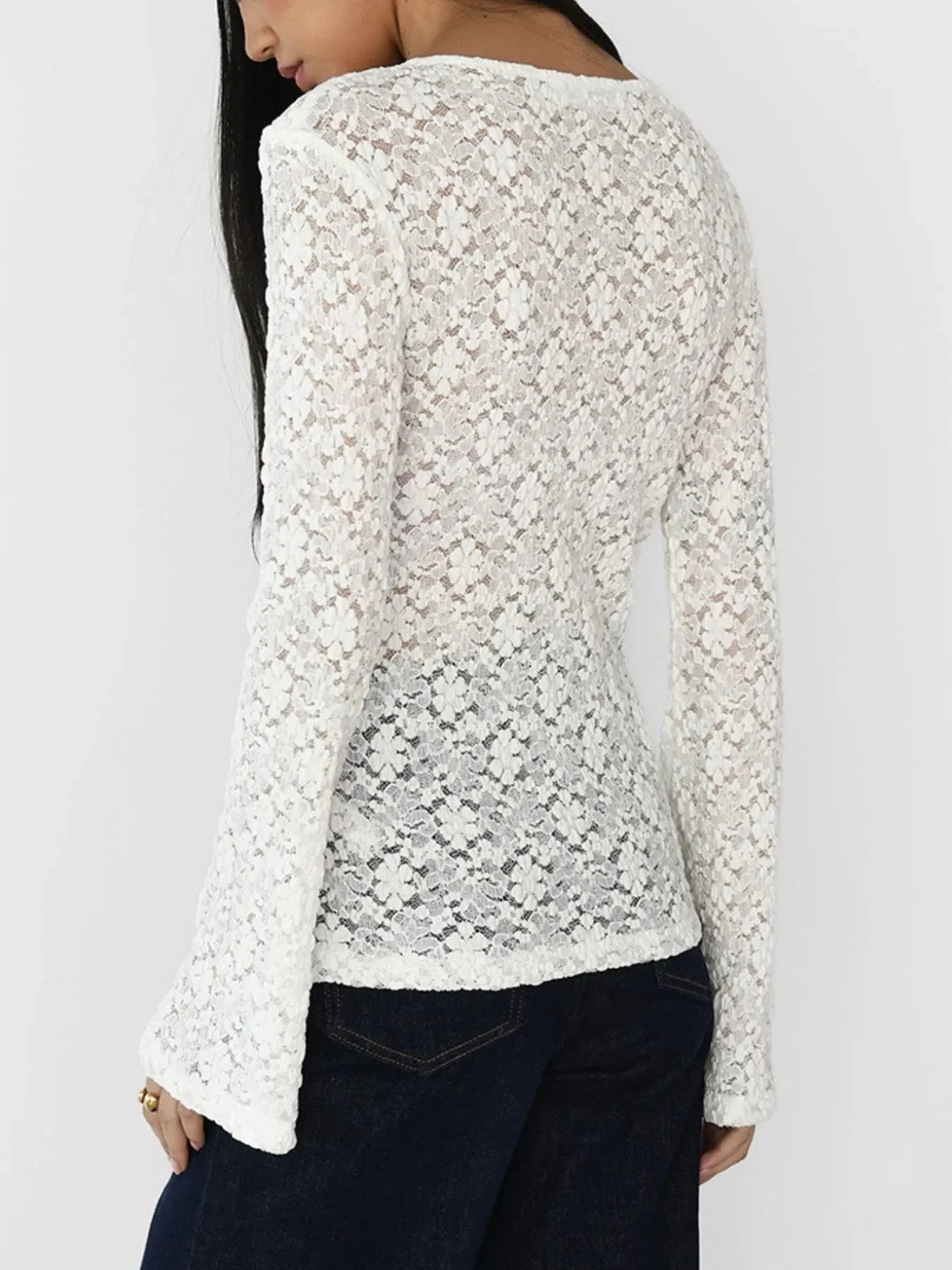 Lace V-Neck Flare Sleeve Buttoned Slit T Shirt - Southern Shores Clothing