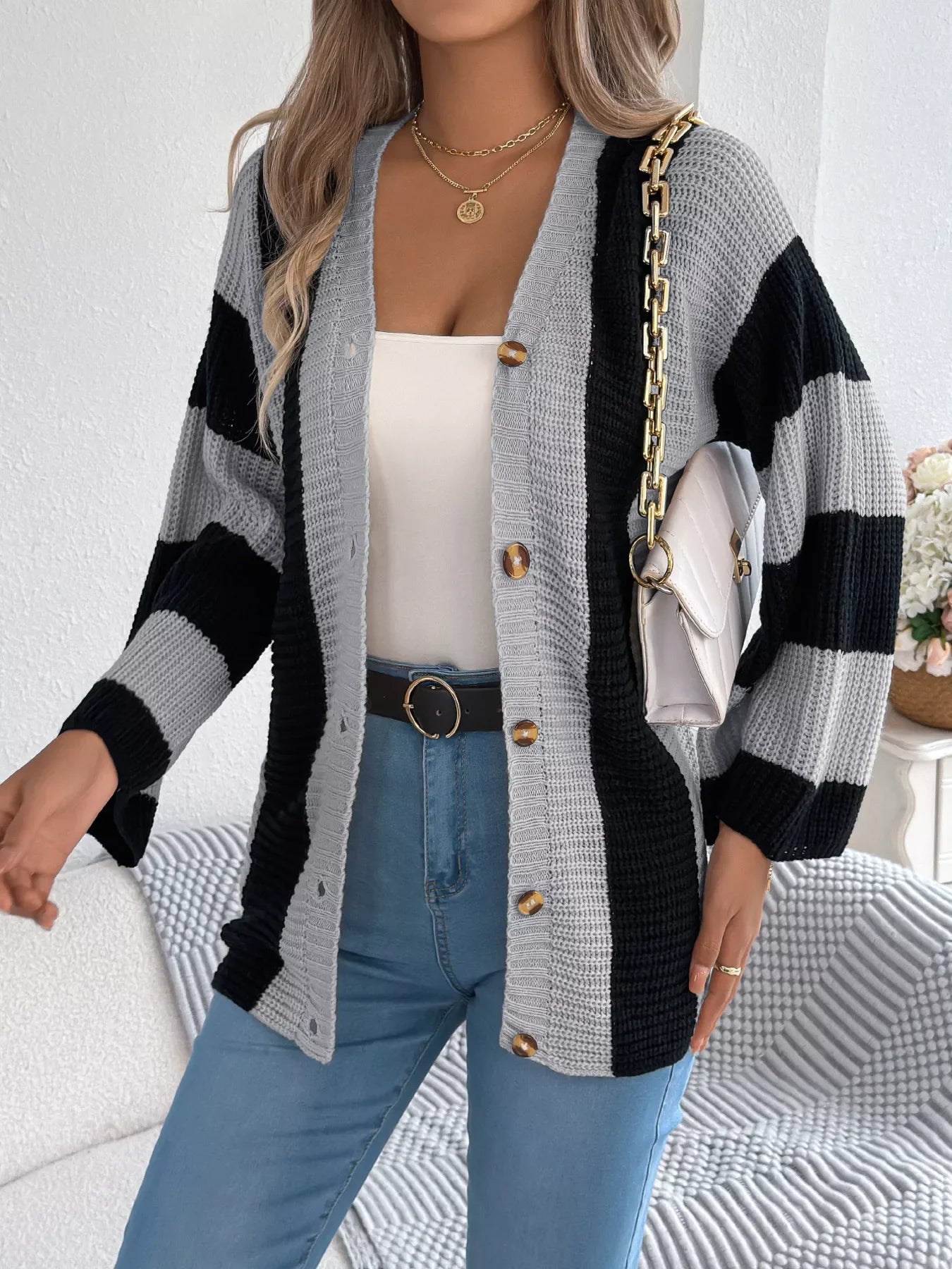 Block Pattern Button-Up Cardigan With Slight Stretch - Southern Shores Clothing