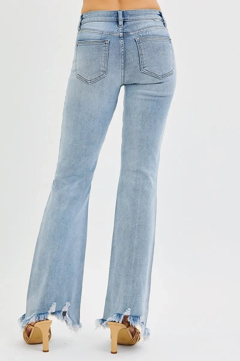 Tummy Control Mid Rise Flare Jeans Plus Size Fray Hem - Southern Shores Clothing