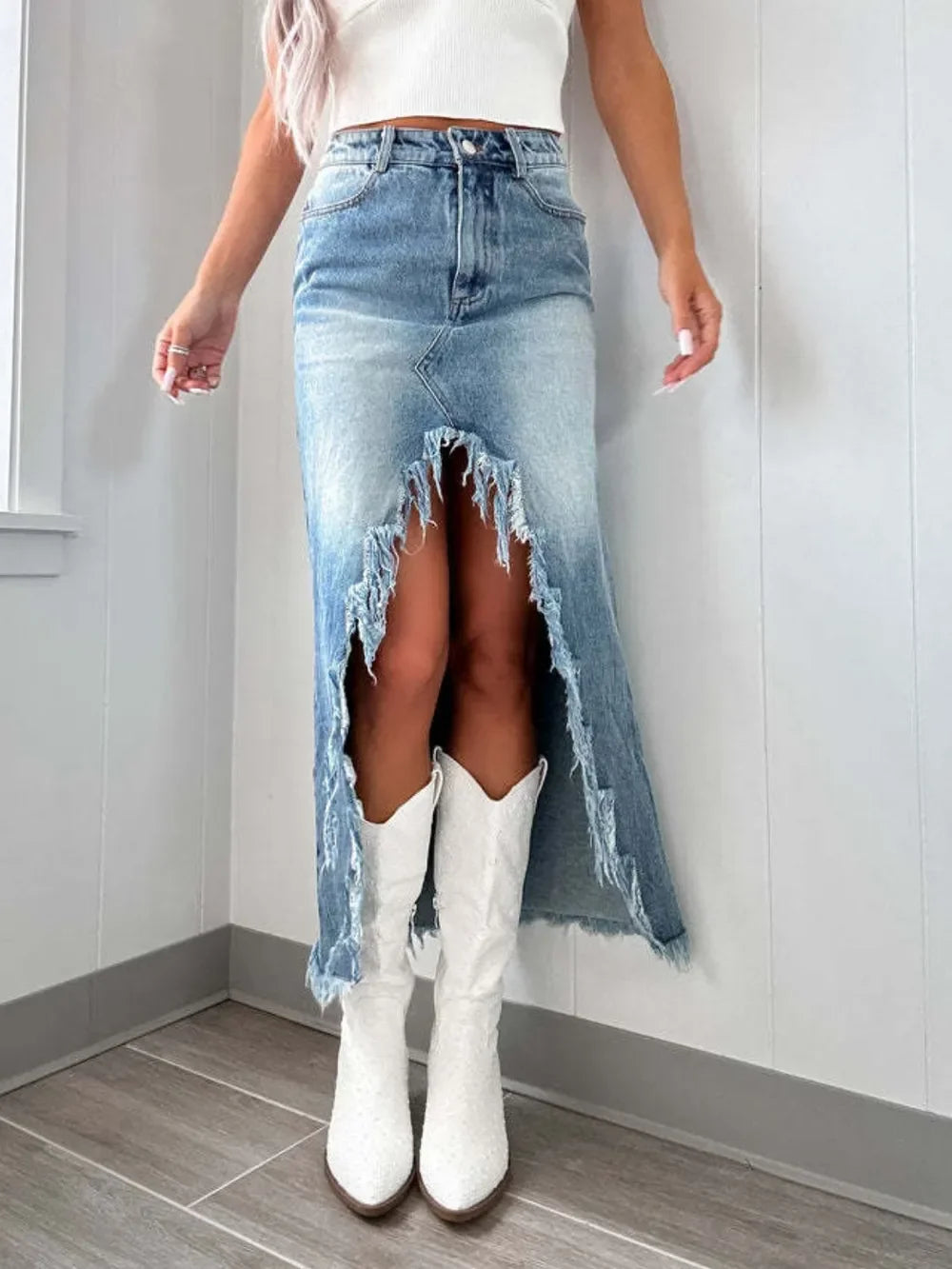 High-Waist Denim Skirt With Raw Hem Asymmetry - Southern Shores Clothing