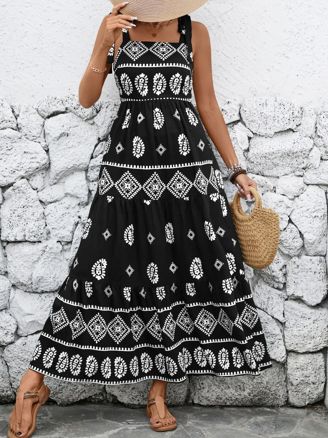 Printed Square Neck Maxi Cami Dress With Tiered Skirt Detail - Southern Shores Clothing
