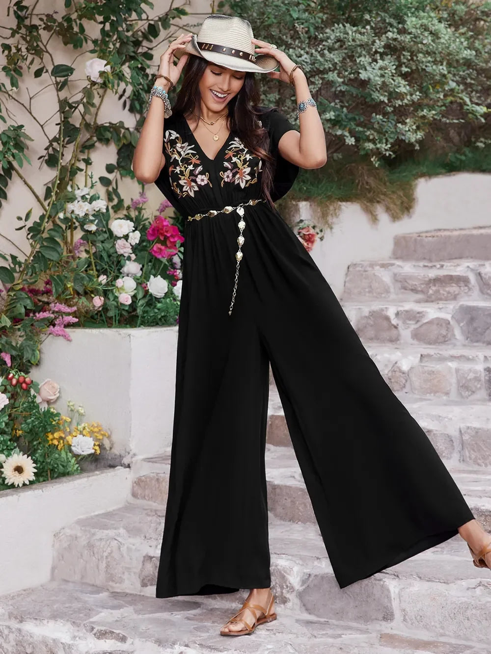 Embroidered Ruched Short Sleeve Jumpsuit - Southern Shores Clothing