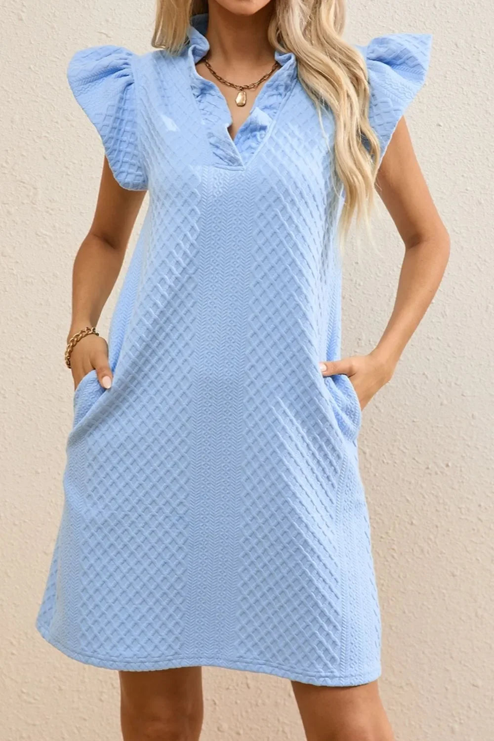 Ruffled V-Neck Cap Sleeve Mini Dress - Southern Shores Clothing