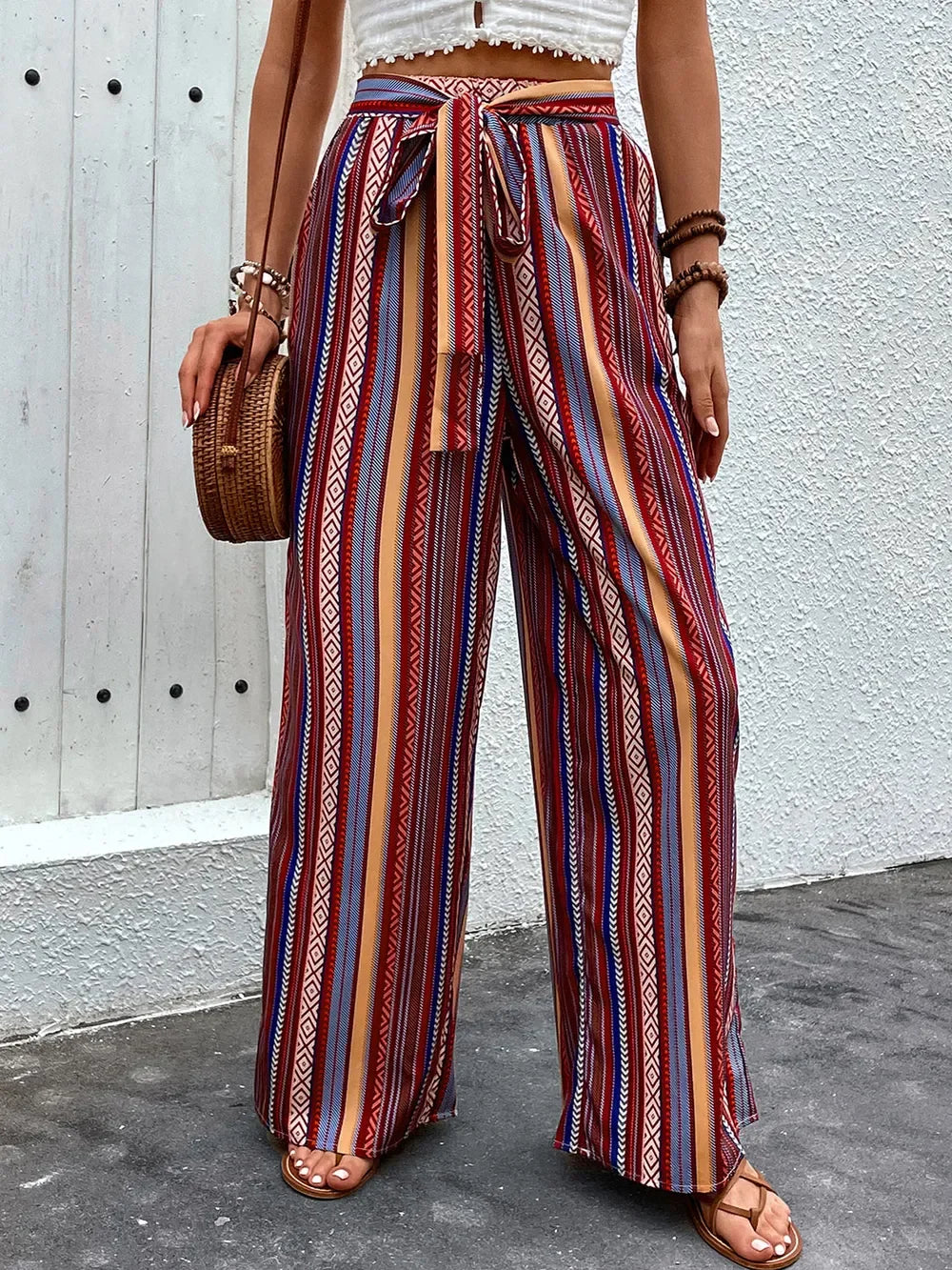 Geometric Print Tie-Waist Wide-Leg Pants With Pockets, Casual - Southern Shores Clothing