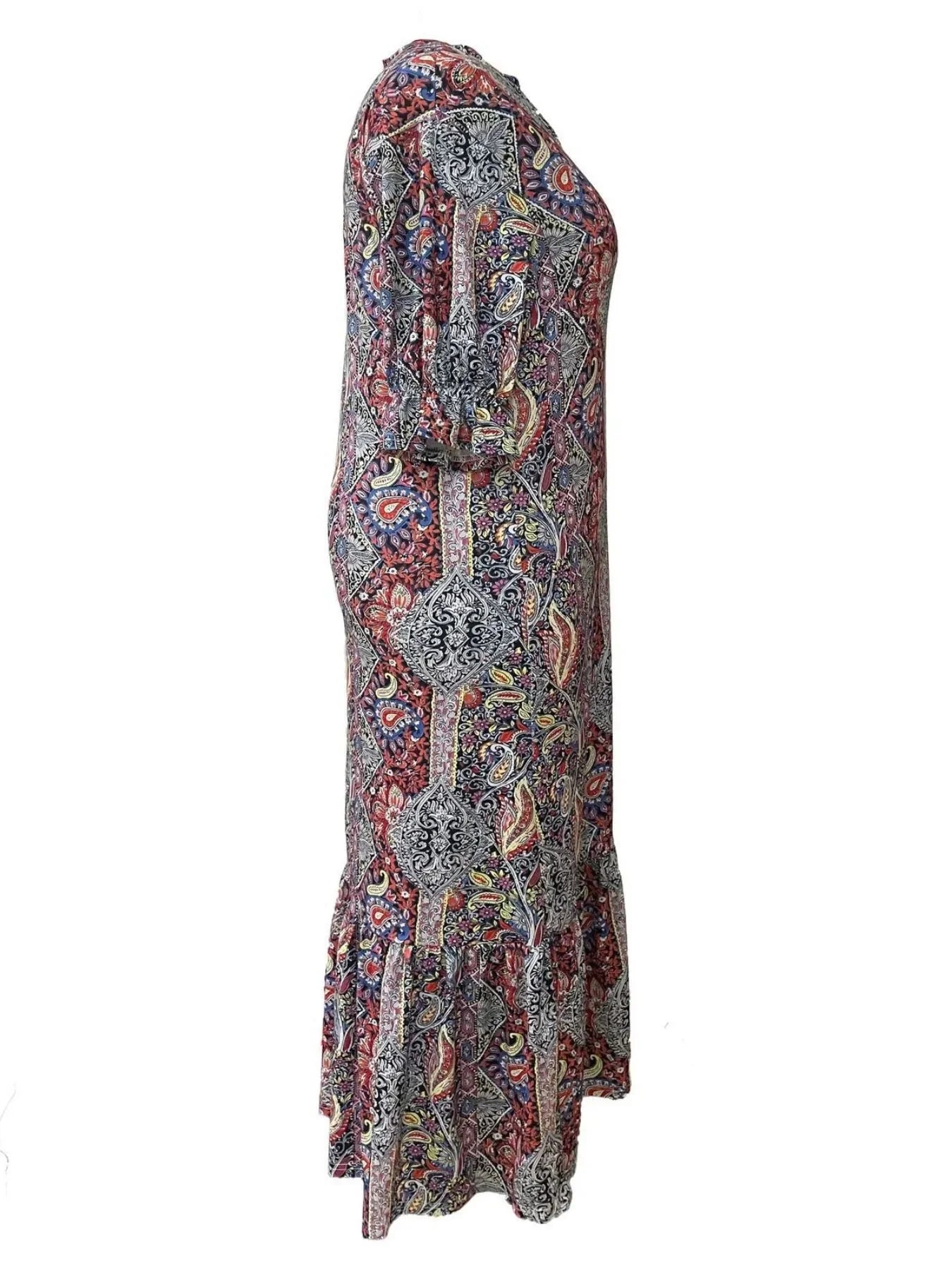 Bohemian Paisley Print Midi Dress With Ruffle Hem Long Sleeve - Southern Shores Clothing
