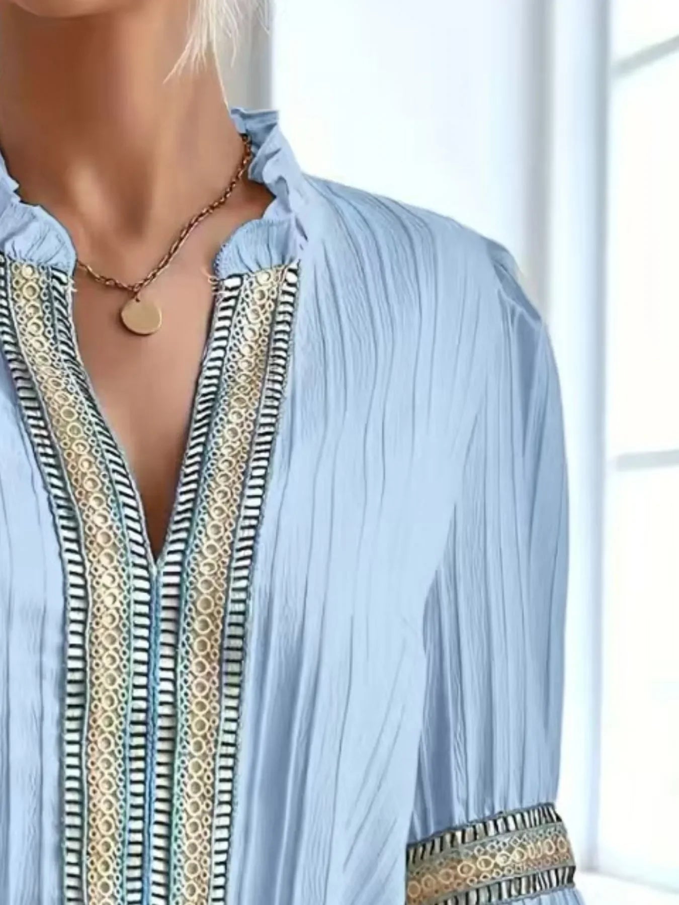 Textured Notched Balloon Sleeve Blouse Top - Southern Shores Clothing