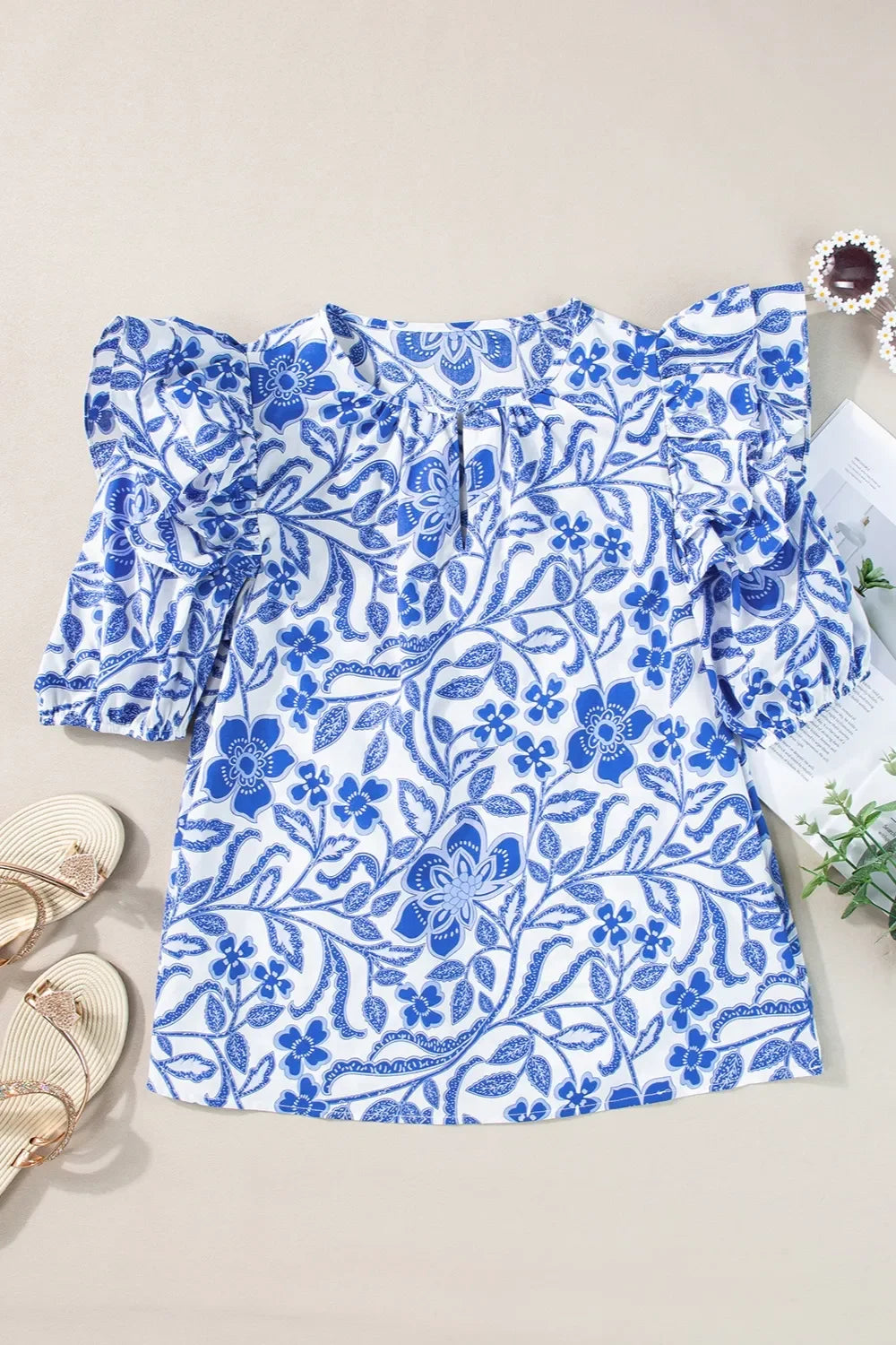 Printed Notched Half Sleeve Cotton Blouse - Southern Shores Clothing
