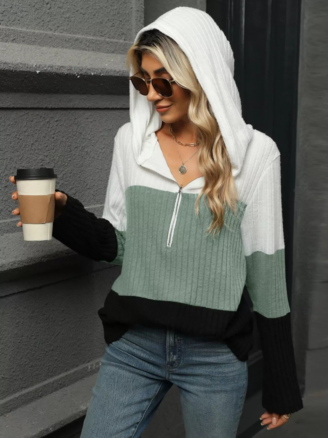 Color Block Half Zip Hooded Top - Southern Shores Clothing