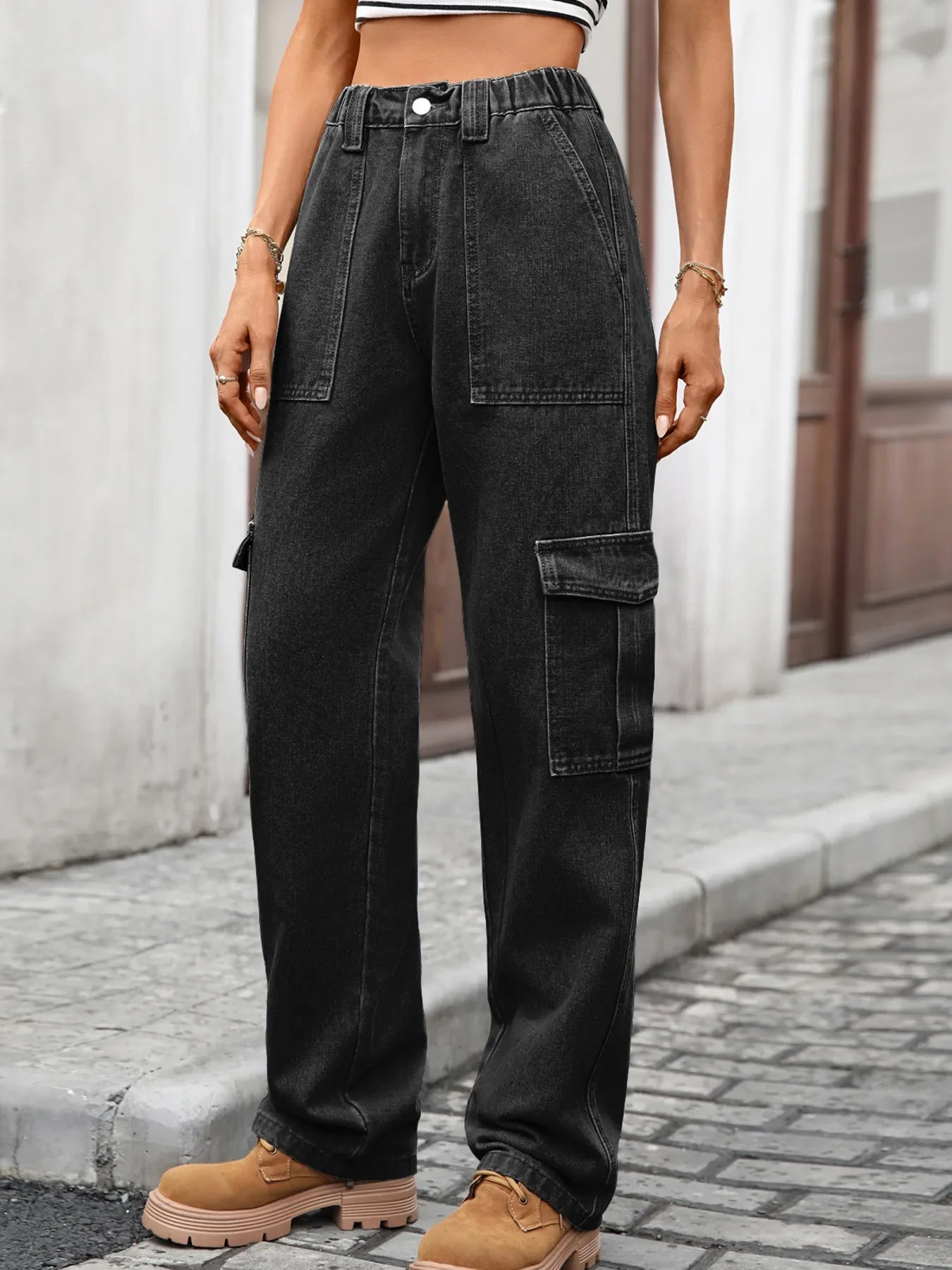Coastal Inspired High Waisted Cargo Jeans - Southern Shores Clothing