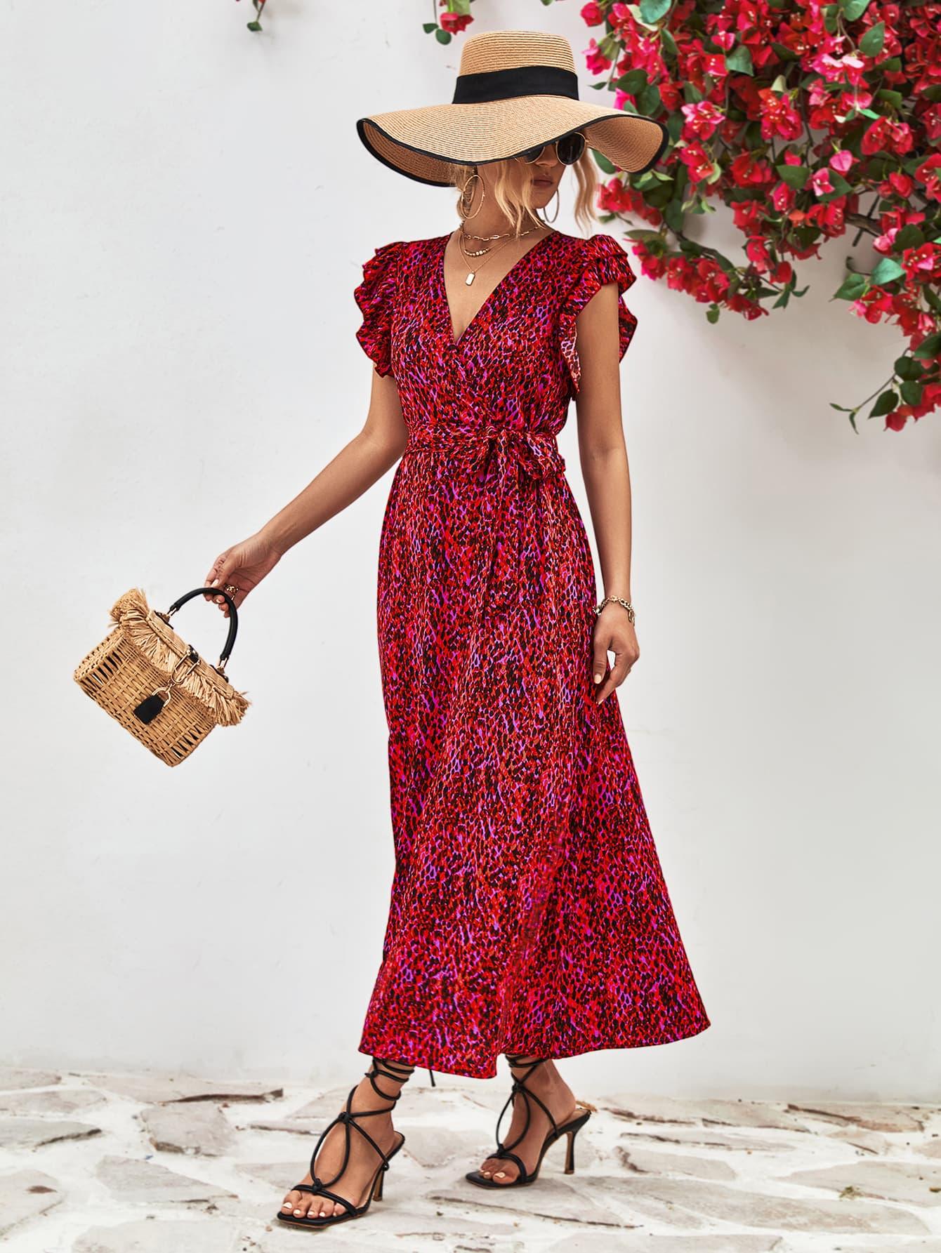 Printed Surplice Neck Flutter Sleeve Slit Dress - Southern Shores Clothing
