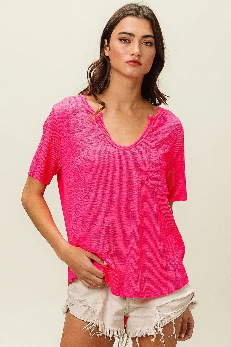 Waved Rib V Neck Top With Front Pocket Relaxed Fit - Southern Shores Clothing