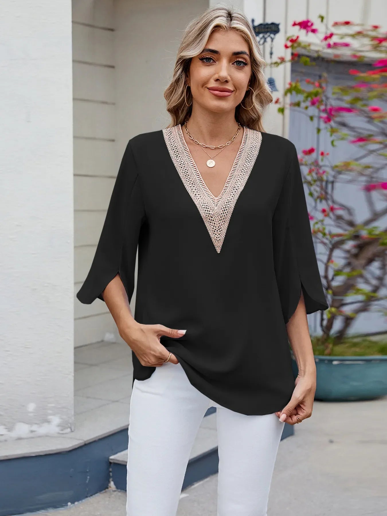V-Neck Lace Trim Blouse With Rayon Blend And Spade Design - Southern Shores Clothing