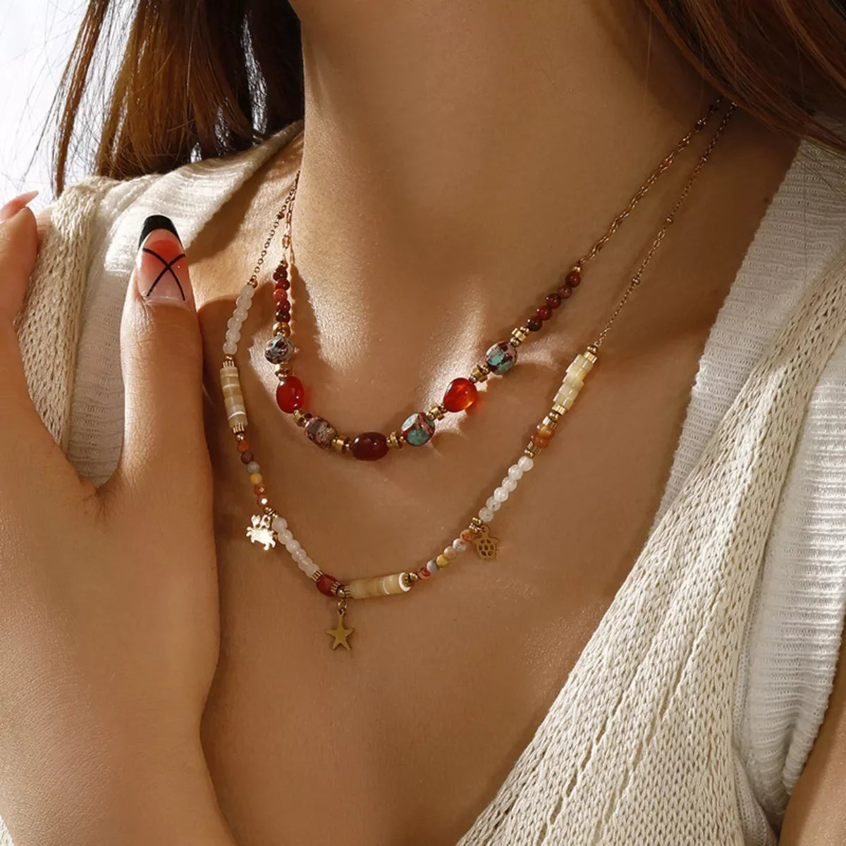 Two-Piece 18K Gold-Plated Natural Stone Bead Necklace Set - Southern Shores Clothing