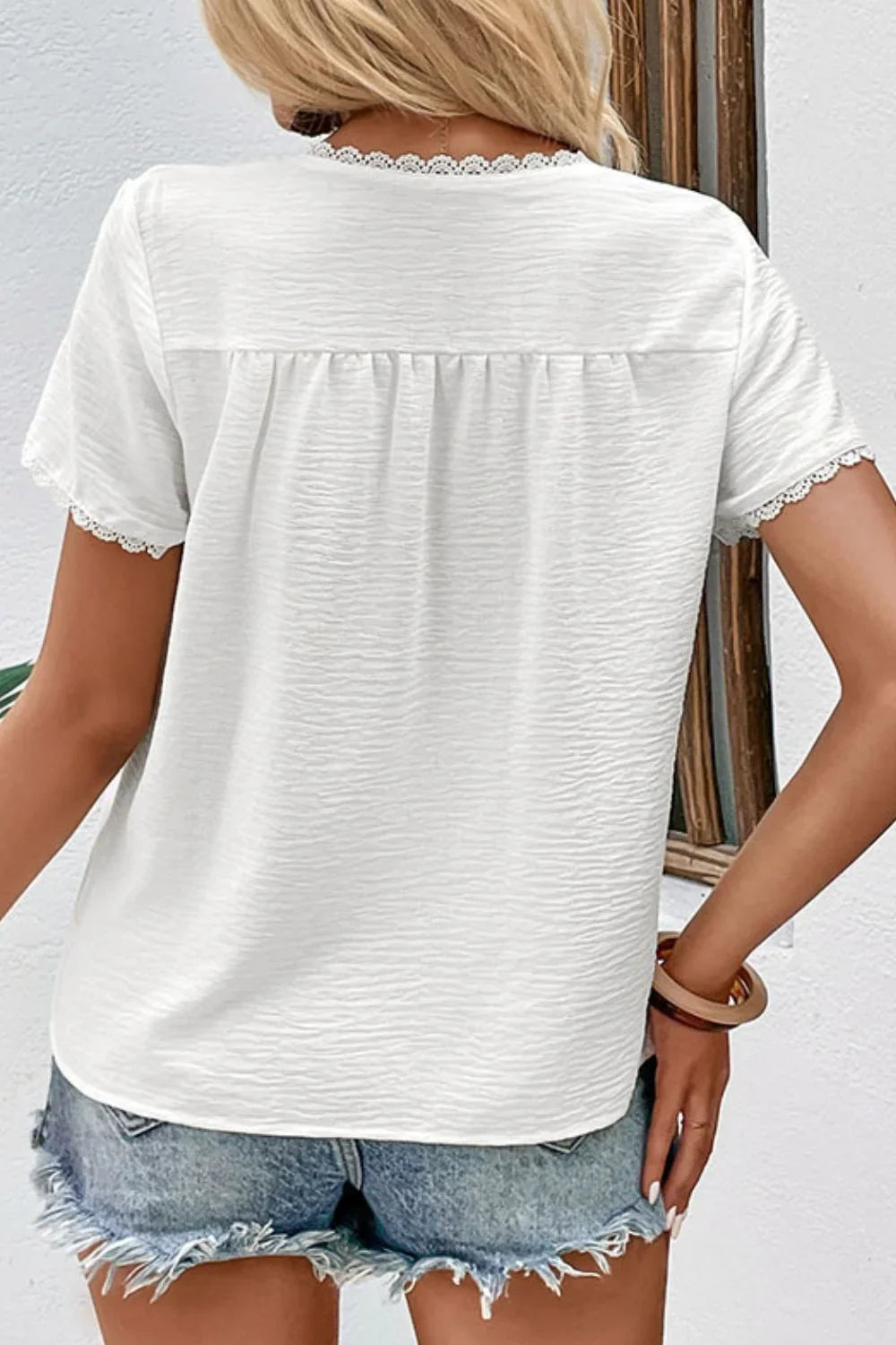 Textured Lace Trim V-Neck Short Sleeve Tee Shirt - Southern Shores Clothing