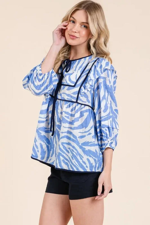 Graphic Print Quarter Sleeve Blouse With Solid Trim - Southern Shores Clothing