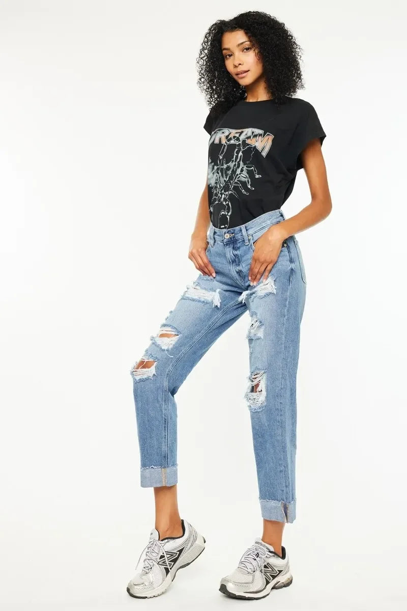 Mid Rise Distressed Boyfriend Jeans Denim - Southern Shores Clothing