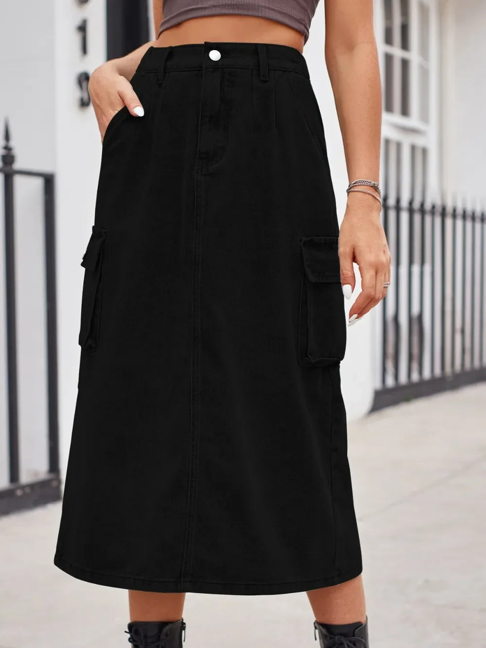 Slit Buttoned Denim Skirt With Pockets Classic - Southern Shores Clothing
