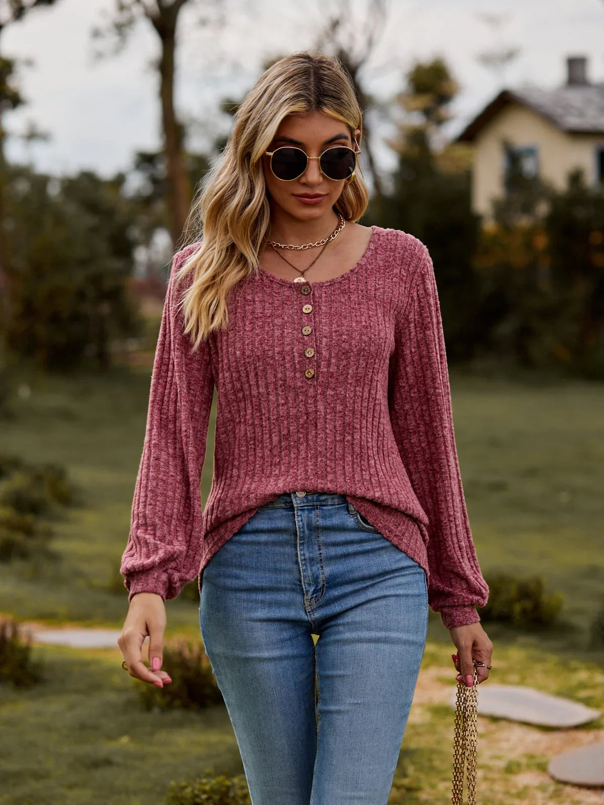 Stretchy Heathered Round Neck Button-Down Long Sleeve Tee - Southern Shores Clothing