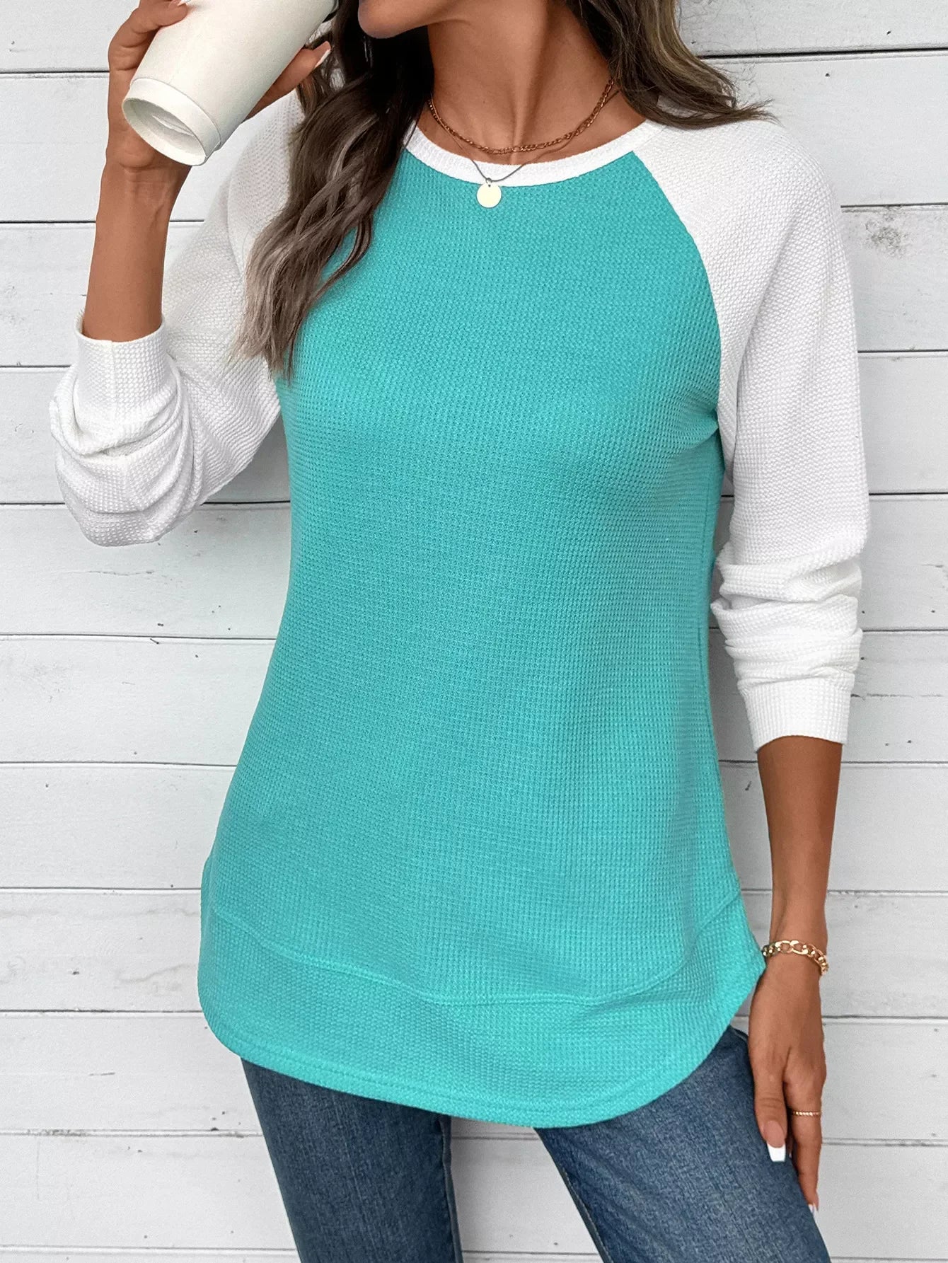 Contrast Raglan Sleeves Waffle Knit T Shirt - Southern Shores Clothing