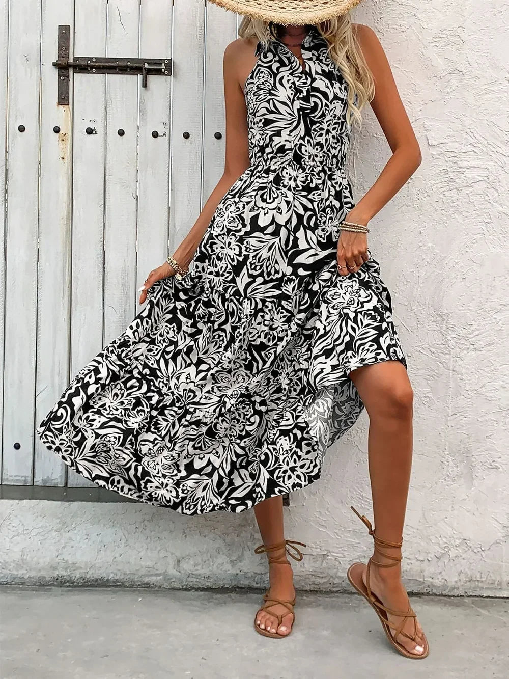 Halter Neck Backless Smocked Printed Sleeveless Midi Dress - Southern Shores Clothing