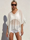 Lace Trim Sheer Flowy Cover Up With V Neck And Ruffle Details - Southern Shores Clothing