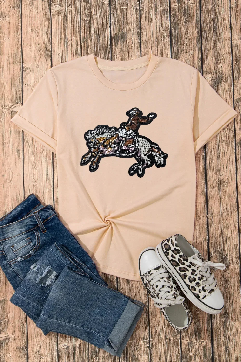Sequin Rodeo Graphic Crewneck Tee With Stretch Fabric - Southern Shores Clothing