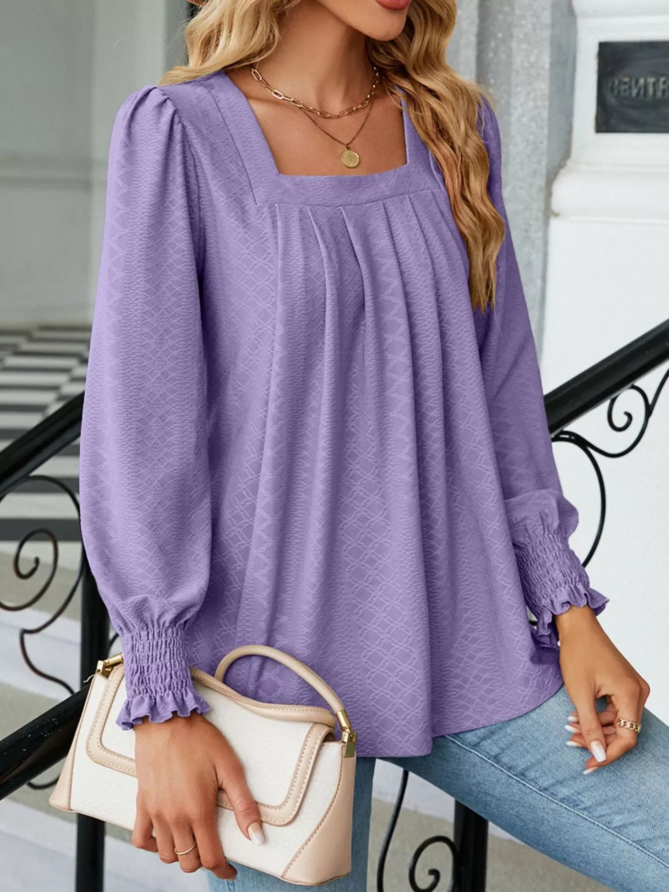 Pleated Square Neck Long Sleeve Top - Southern Shores Clothing