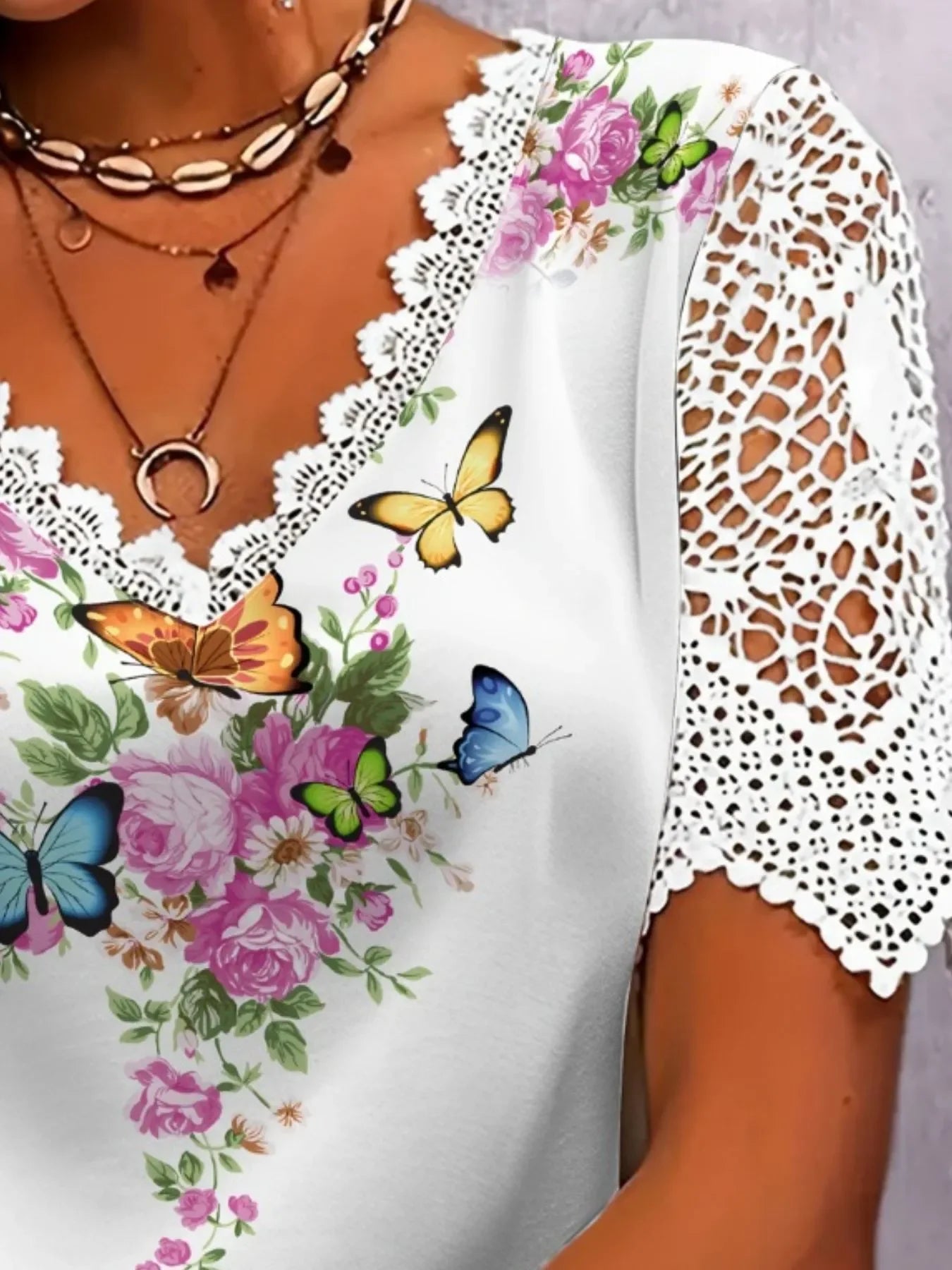 Full Size Printed Lace Sleeve V-Neck T-Shirt Plus Size - Southern Shores Clothing