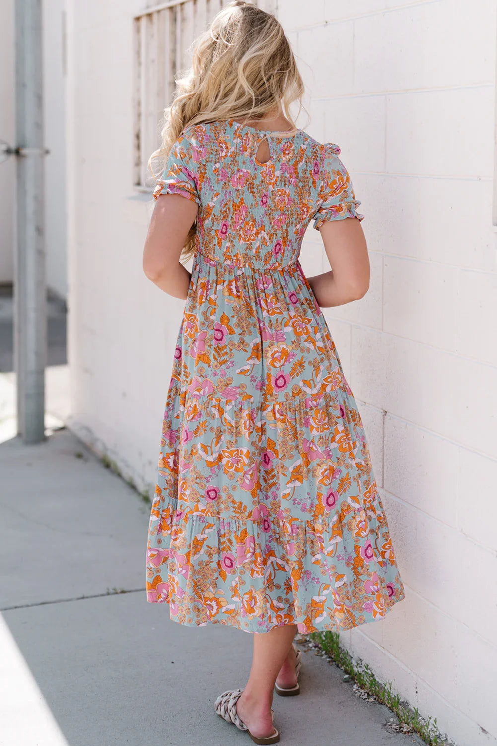 Floral Flounce Sleeve Round Neck Midi Dress - Southern Shores Clothing