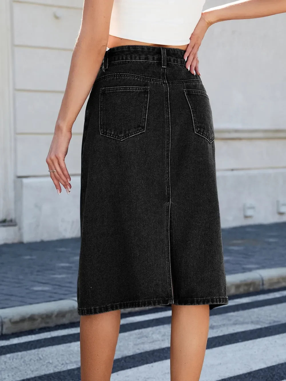 Relaxed Fit Denim Midi Skirt With Slit Back - Southern Shores Clothing