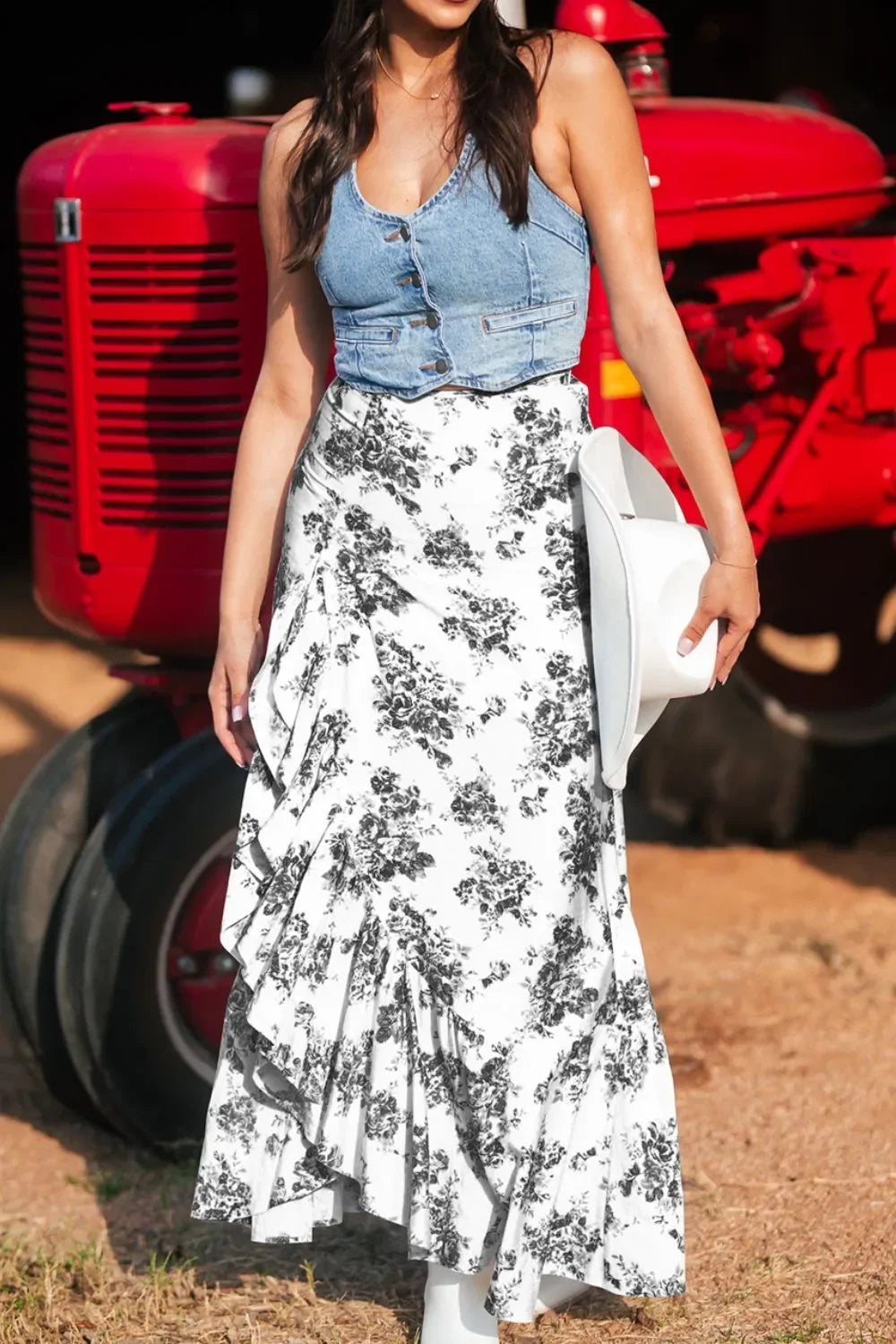 Boho Floral High Waist Ruffle Split Maxi Skirt - Southern Shores Clothing