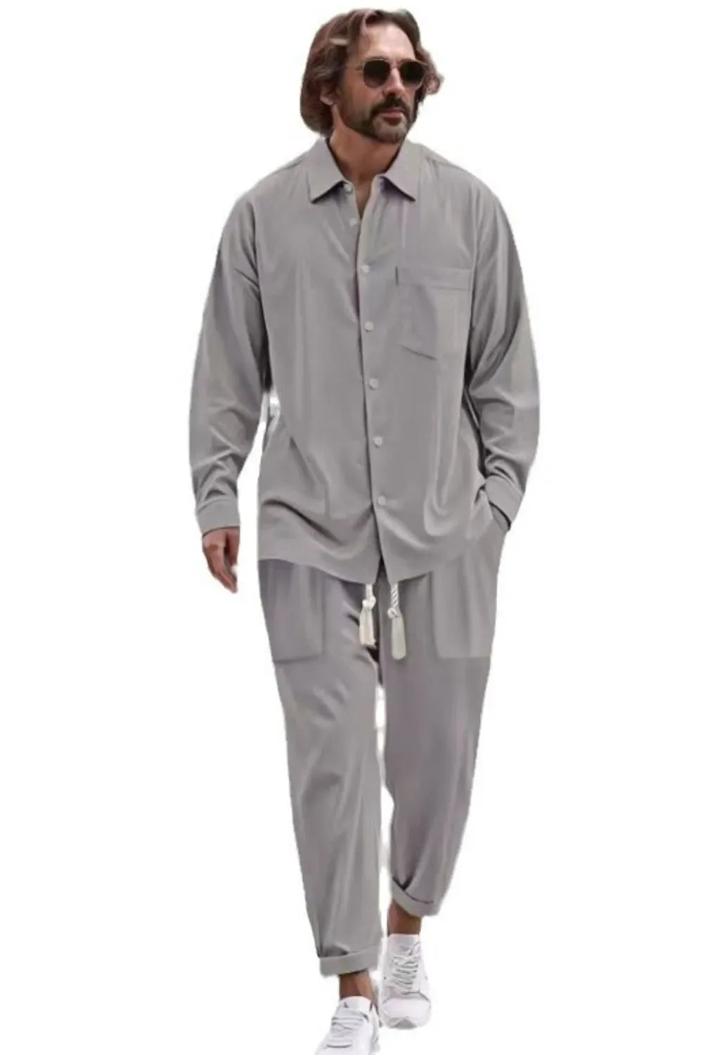 Men's Collared Neck Long Sleeve Top and Pants Set Plus Size - Southern Shores Clothing