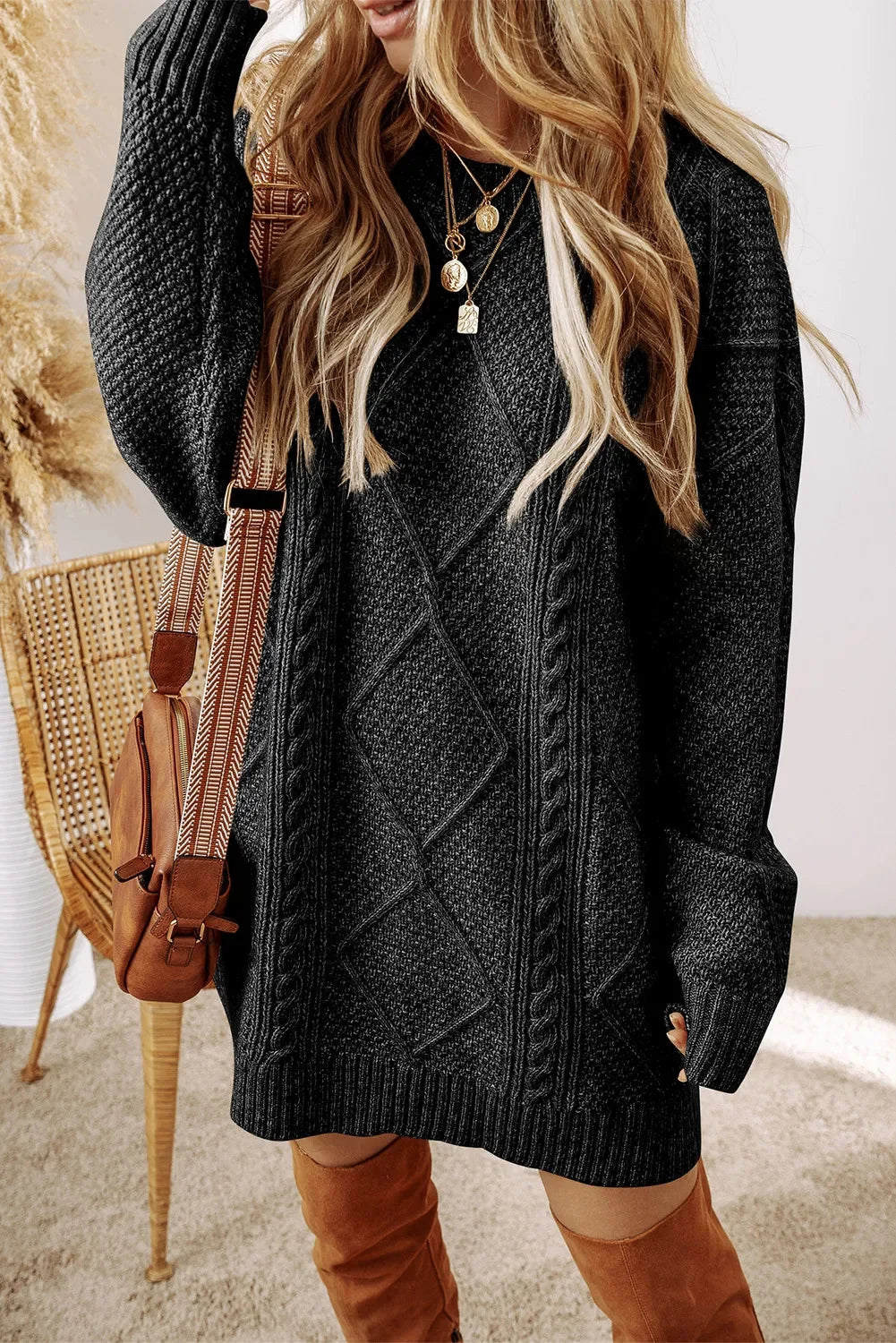 Casual Cable-Knit Round Neck Sweater Dress