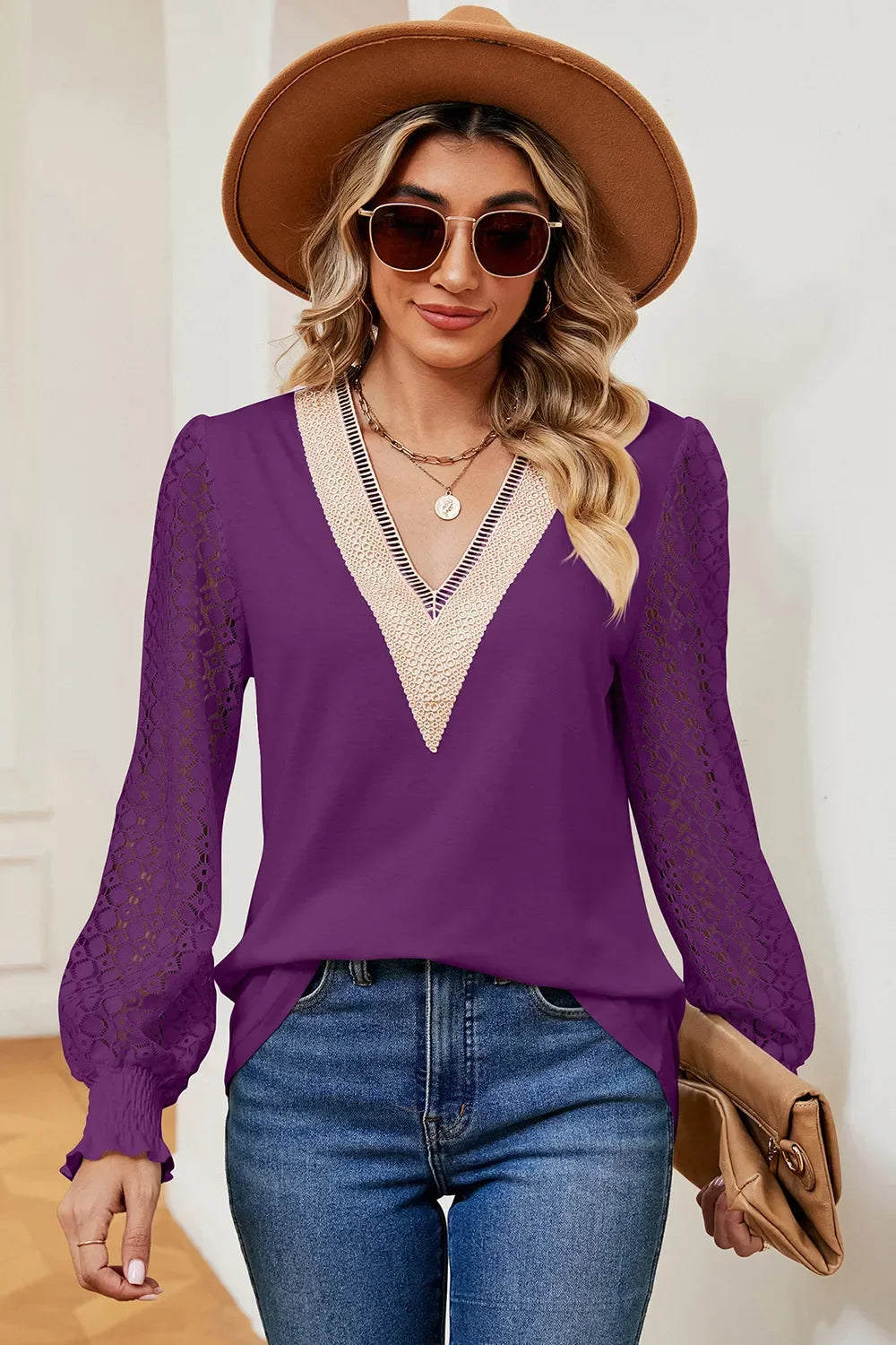 Openwork V-Neck Long Sleeve Sheer T-Shirt - Southern Shores Clothing