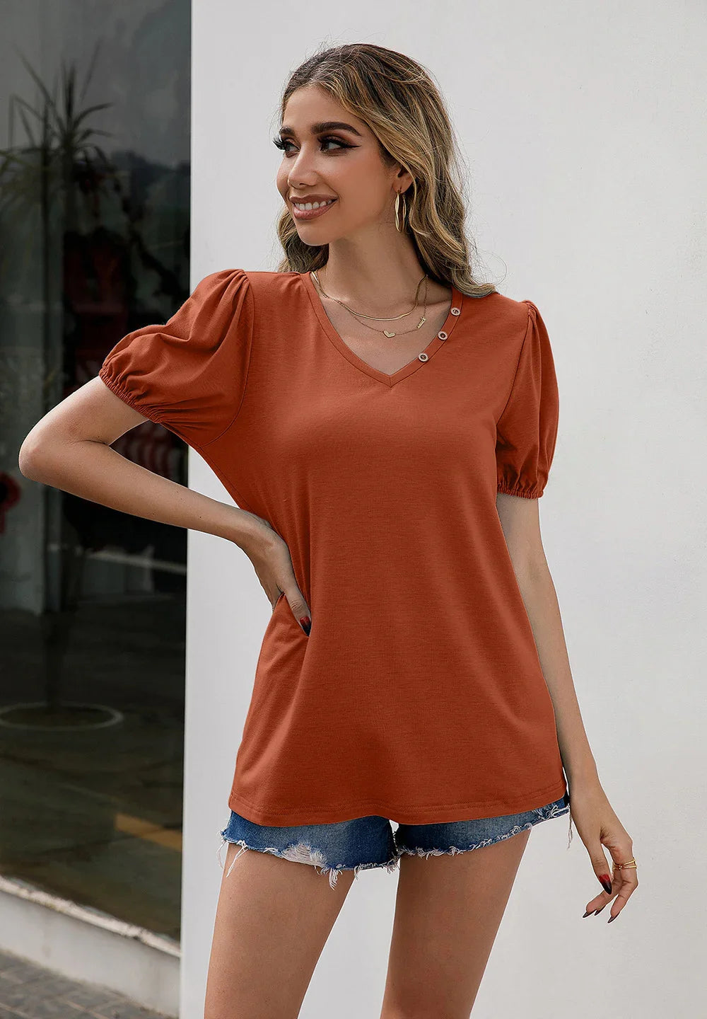 V-Neck Puff Sleeve Tee With Decorative Buttons - Southern Shores Clothing